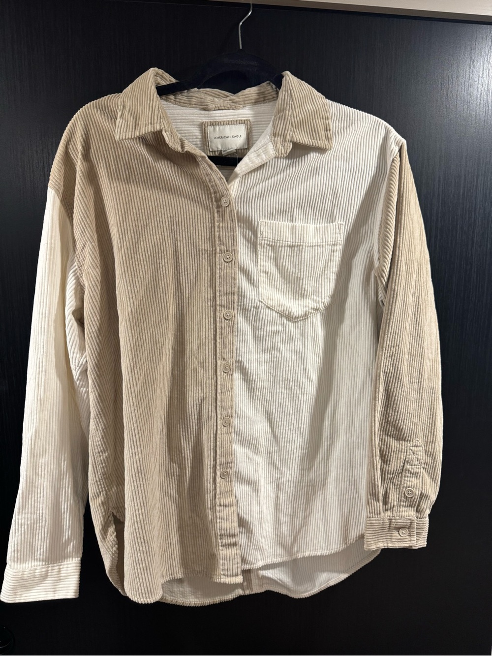 American Eagle Outfitters Two-Tone Corduroy Button-Up Shirt in Beige and Cream